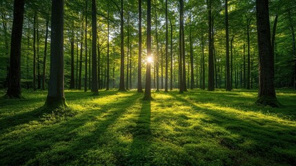 Obraz premium Sunlight filters through tall trees in a serene forest, evoking tranquility and natural harmony.