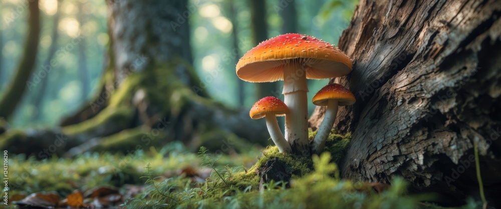 Poster enchanting mushrooms growing on weathered tree trunks in a serene forest setting with lush greenery 