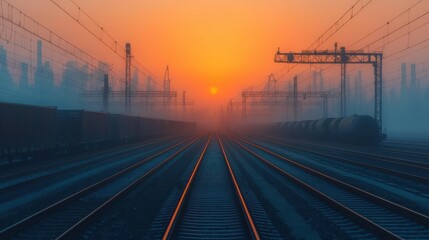 Fototapeta premium Bustling train yard at sunset with freight cars and cargo loading Industrial transportation and logistics hub with silhouetted cranes containers and busy activity