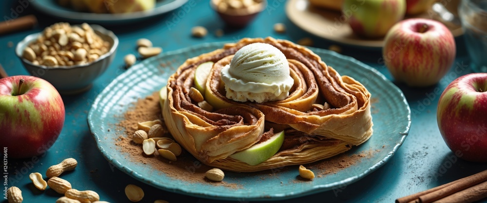 Poster delicious apple strudel with cinnamon and peanuts topped with ice cream on a rustic plate with empty