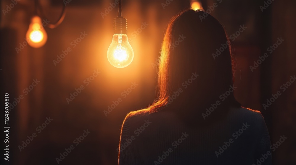 Poster back view of a woman illuminated by a lightbulb representing problem-solving and a great idea