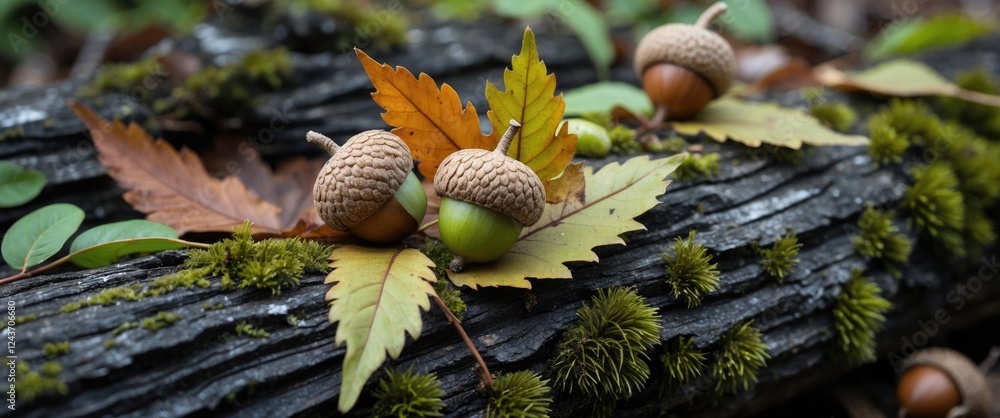 Poster acorns and colorful leaves resting on a moss-covered log in a tranquil forest setting with space for