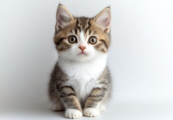 Adorable and Playful Tabby Kitten with Big Eyes Sitting Against a Light Background in a Studio Setting, Perfect for Pet Lovers and Cat Enthusiasts