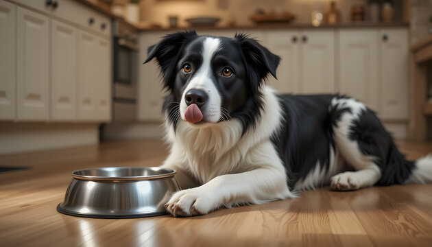 Border Collie Dog Relaxing Metal Bowl Wooden Floor Pet Dog Indoors Canine Young Animal Licking Lips