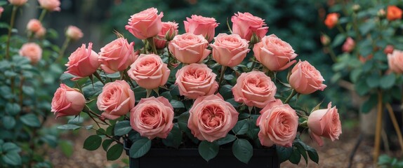 Romantic Pink Roses in Lush Garden Setting with Space for Text Overlay