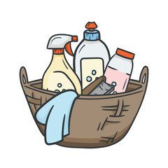 Basket with household cleaning products. Color vector illustration isolated on white background. Editable image for children's book, sticker, poster
