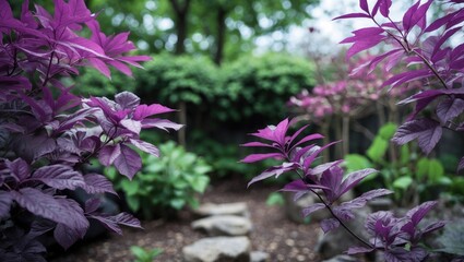 Vibrant purple foliage framing a serene garden path amidst lush greenery creating a tranquil natural atmosphere.