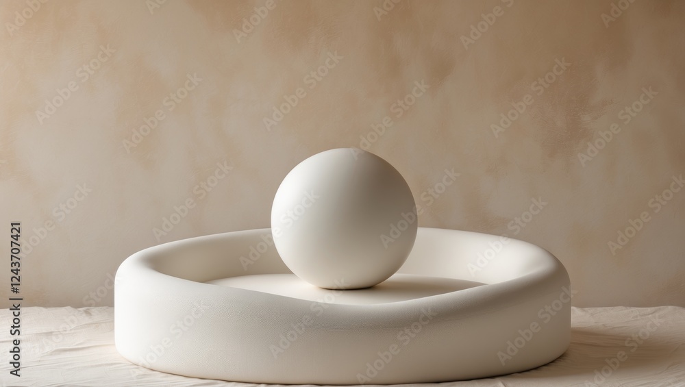 Poster minimalist composition featuring a smooth white sphere on a curved plush surface with a warm neutral