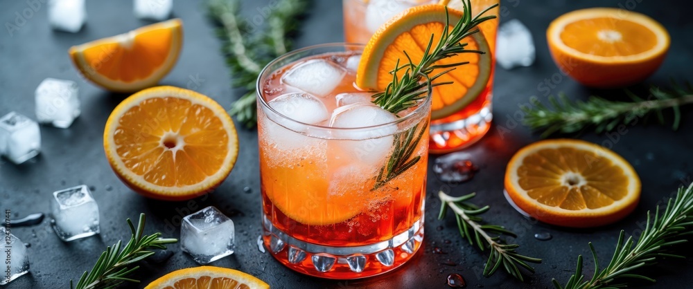 Poster refreshing aperol spritz cocktail with ice cubes and orange slices garnished with rosemary on dark s
