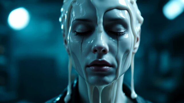 White Liquid Drips Down a Face, Black Eyeliner Streaks, Surreal and Striking