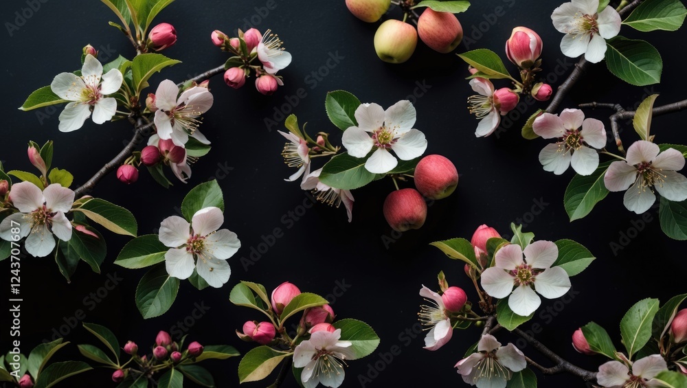 Poster apple blossoms and fresh fruit on dark background with space for text and design integration