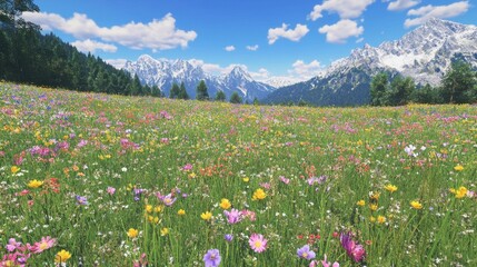 Fototapeta premium Scenic Colorful Meadow with Vibrant Wildflowers and Majestic Snow-Capped Mountains Under a Clear Blue Sky