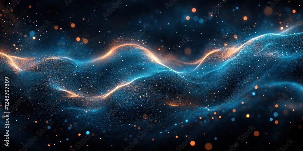 Aufkleber abstract wavy particle wave pattern in blue green gradient with light on black background digital ar