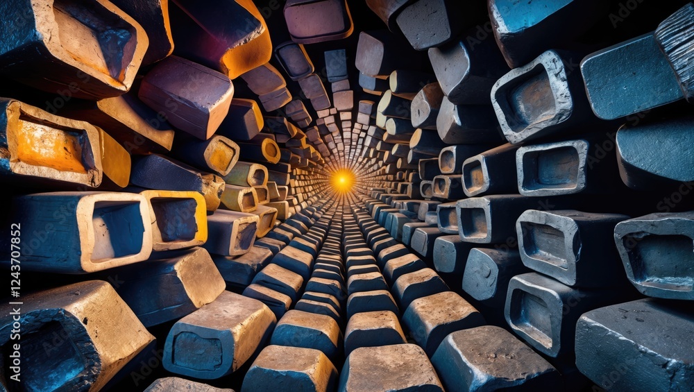 Poster abstract composition of diverging rays formed by various sizes of iron ingots creating a tunnel effe
