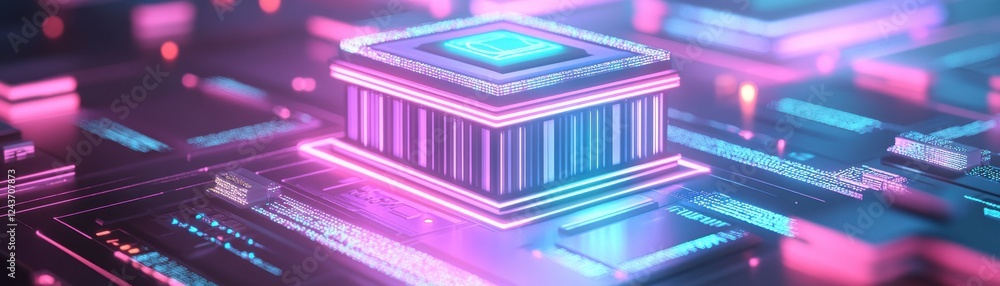 Poster a vibrant, futuristic depiction of a microprocessor surrounded by glowing circuits, showcasing techn