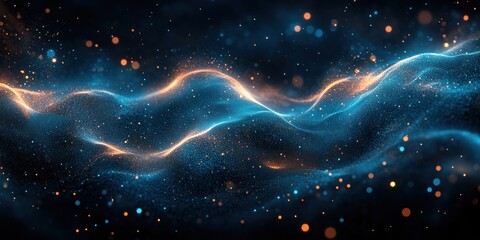 Fototapeta premium Abstract Wavy Particle Wave Pattern in Blue Green Gradient with Light on Black Background Digital Art
