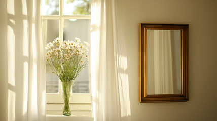 bright room featuring vase of white flowers on windowsill, with soft sunlight filtering through sheer curtains, creating serene atmosphere