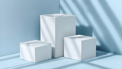 product presentation with shadows and light. Empty podiums. Mockup,minimalist white cubes,Minimalist Arrangement Of White Cubes With Soft Shadows.A stage for the demonstration of cosmetics.