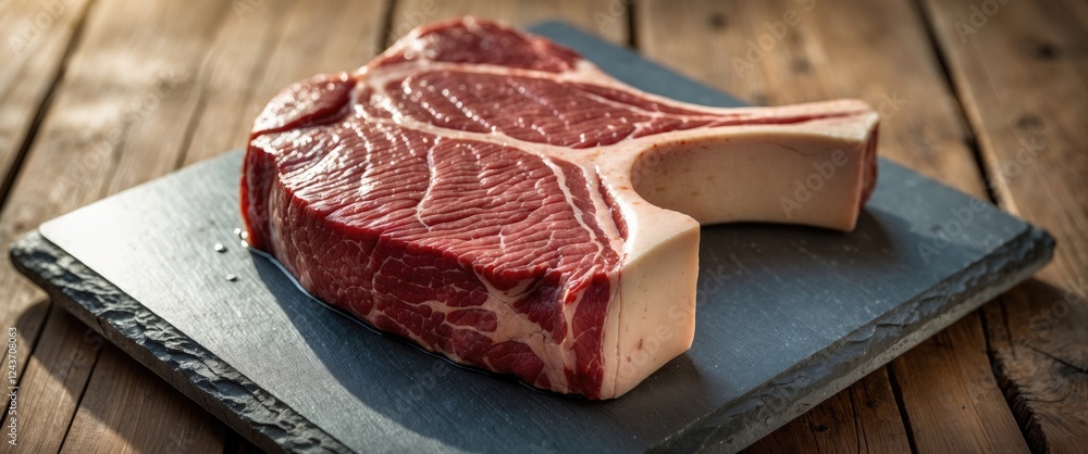 Poster raw t-bone beef steak resting on a slate platform with natural sunlight on a rustic wooden backgroun