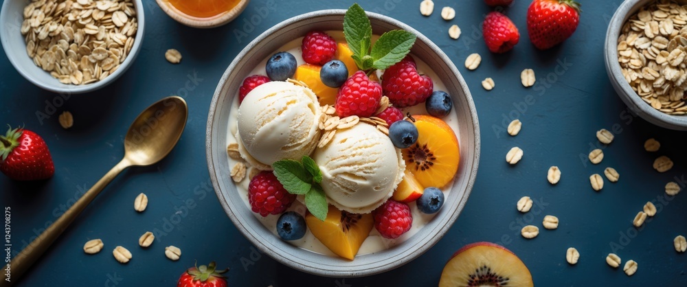 Aufkleber bowl of ice cream topped with fresh fruits and oats on a blue background with empty space for text a
