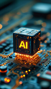 Artificial intelligence hardware concept: close up view of microchip on circuit board with the letter "AI", showcasing intricate details and glowing connections, ai hype and trend, ai systems