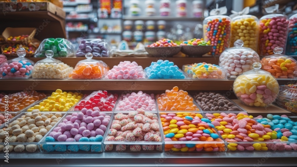 Poster colorful assortment of candies displayed in jars and containers at a store counter inviting sweet in