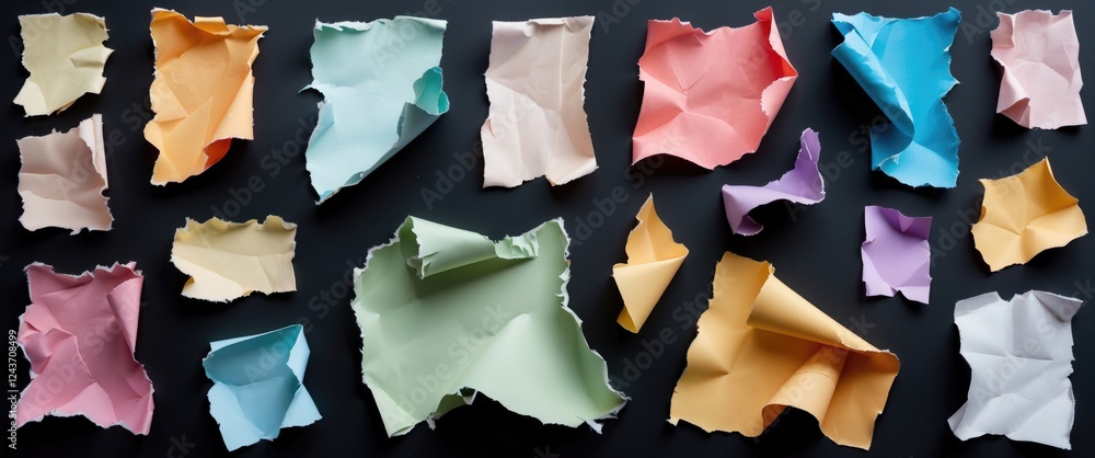 Poster colorful torn paper pieces arranged on a black background showcasing various sizes and textures for 
