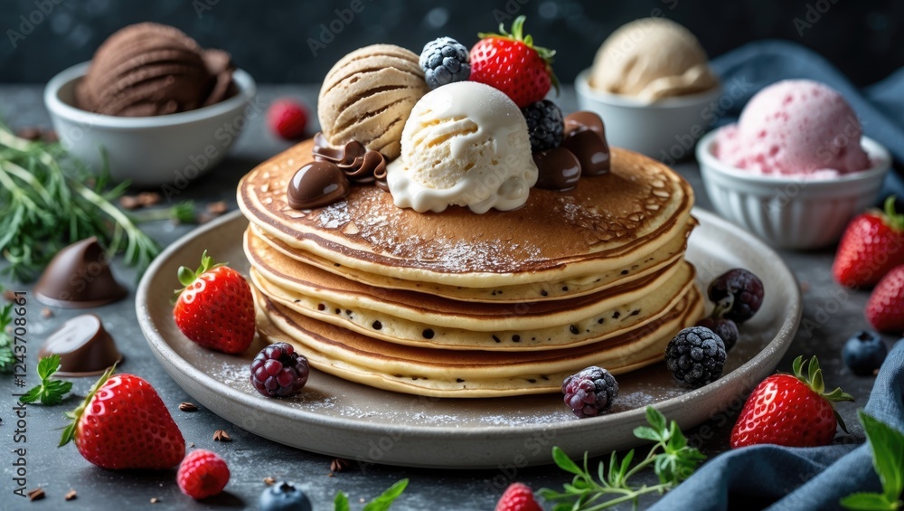 Poster delicious stack of american pancakes topped with ice cream, berries and chocolate garnish on rustic 