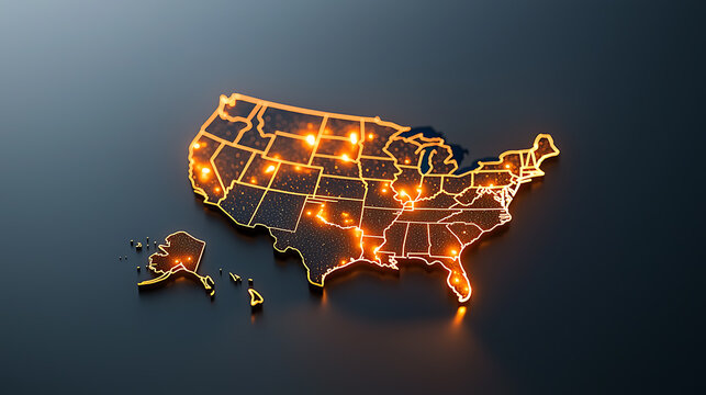 Illuminated map of the united states highlighting key locations digital art modern design environment aerial view geographic connectivity concept