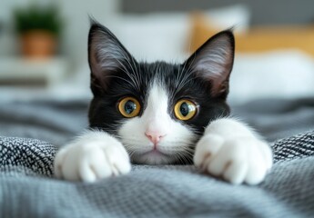 Adorable black and white kitten with big expressive eyes resting comfortably on a cozy blanket in a bright and inviting home setting