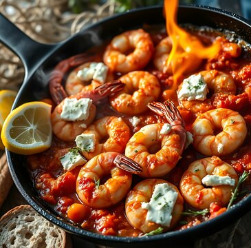 Rustic Mediterranean scene featuring plump shrimp in fiery tomato sauce
