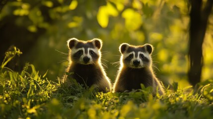 Obraz premium Two Adorable Raccoons in a Sunlit Forest Scene