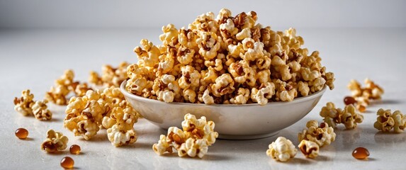 Creamy caramel popcorn heaped in a stylish bowl with scattered pieces on a light background enticing sweet snack lovers.