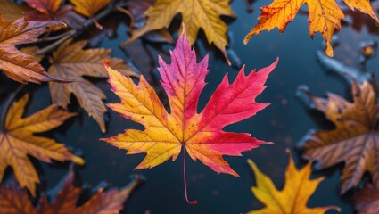 Vibrant autumn leaves reflected in water showcasing the beauty of fall with rich colors and intricate details. Perfect for seasonal themes.