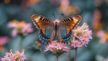Naklejka premium Vibrant Butterfly Resting on Colorful Flowers with Soft Background and Space for Text