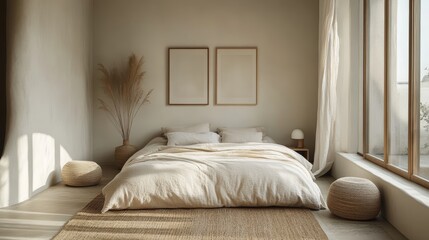Zeninspired minimalist bedroom, natural textures, neutral tones, empty wall for framed minimalist art, serene and balanced