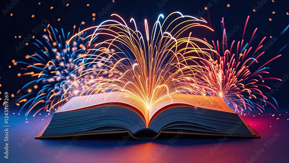 Poster open book with colorful fireworks exploding in background at night