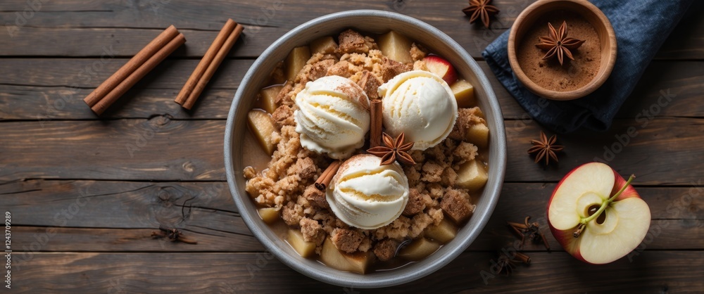 Poster delicious apple crumble dessert with cinnamon and vanilla ice cream on a rustic wooden table with em