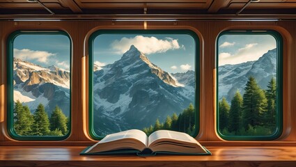 Fototapeta premium Scenic Mountain View Through Windows with Open Book on Table