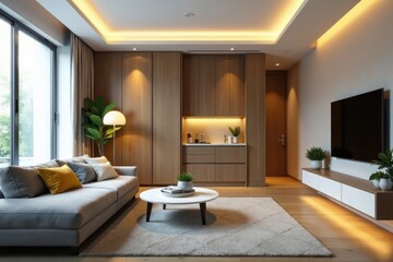 Modern living room with integrated wardrobe and bathroom, grey, bathroom