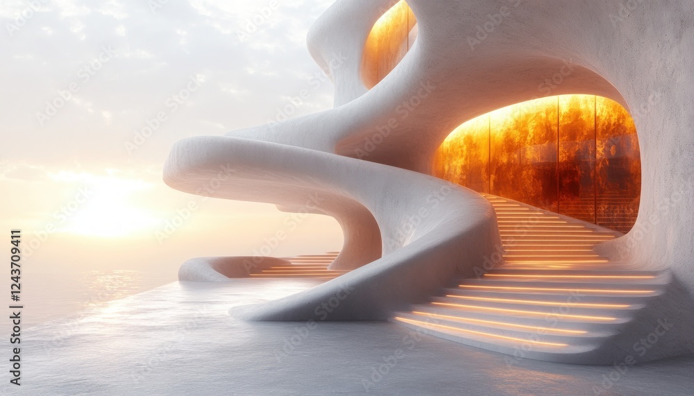 Poster minimalistic modern interior design with smooth curving lines and soft diffused daylight