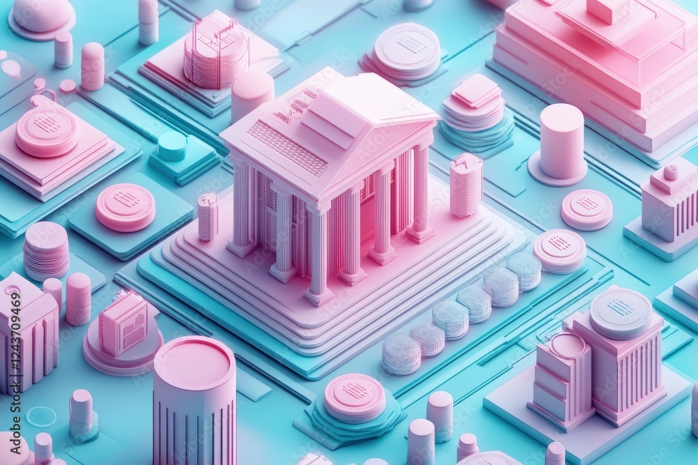 Aufkleber a colorful, 3d representation of a cityscape featuring various abstract buildings and structures in 