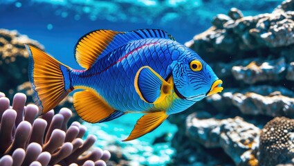 Obraz premium Vibrant parrotfish swimming gracefully among coral reefs in bright tropical waters showcasing intricate colors and patterns of marine life.