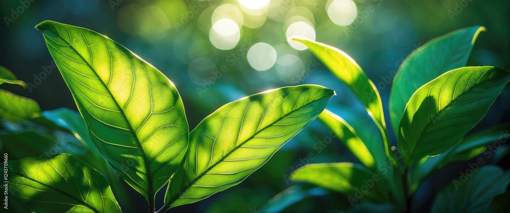 Poster lush green leaves illuminated by sunlight creating a beautiful pattern of light and shadow against a