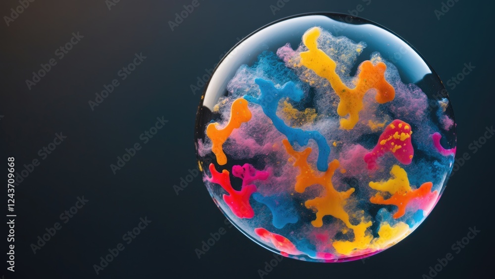 Poster colorful abstract patterns inside a half bubble on a dark background showcasing vibrant hues and tex
