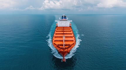 A large cargo ship setting sail from the dock leaving behind rippling water and a scenic horizon  The ship is transporting containers and freight