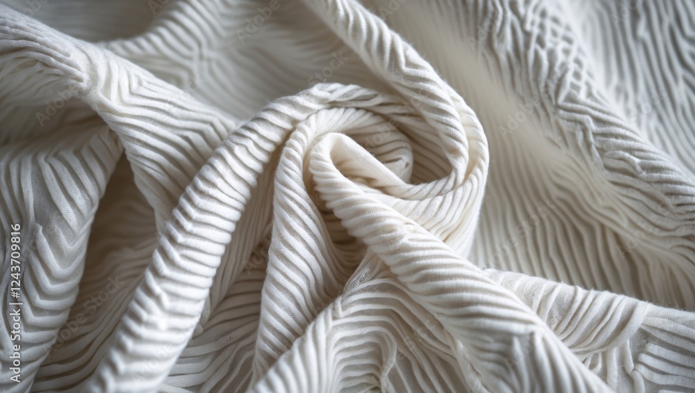 Poster closeup view of textured white fabric showcasing intricate patterns and soft folds suitable for fash