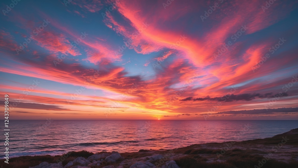 Poster vibrant sunset over ocean with colorful sky ideal for abstract background and copy space for text