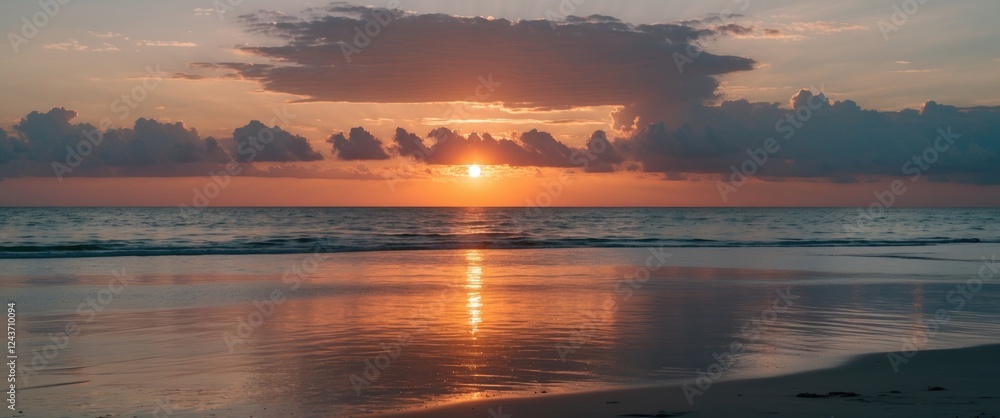 Poster serene sunset over ocean with reflections on wet sand and dramatic clouds creating a tranquil scene 