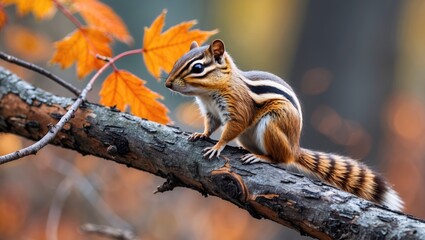 Obraz premium Charming chipmunk perched on a cedar branch surrounded by vibrant autumn leaves in a picturesque forest setting.